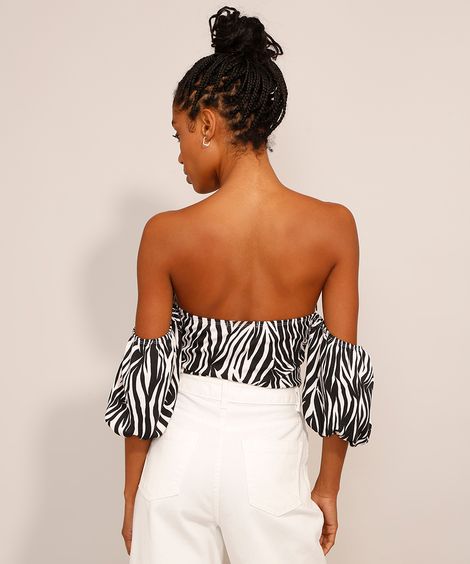 Blusa Feminina Ombro a Ombro Cropped Corset Estampada Animal Print Zebra Manga Bufante Preta