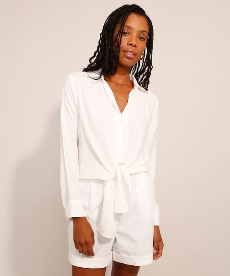 Camisa Básica de Viscose com Nó Manga Longa Off White