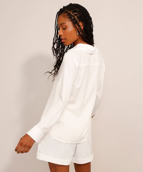 Camisa Básica de Viscose com Nó Manga Longa Off White