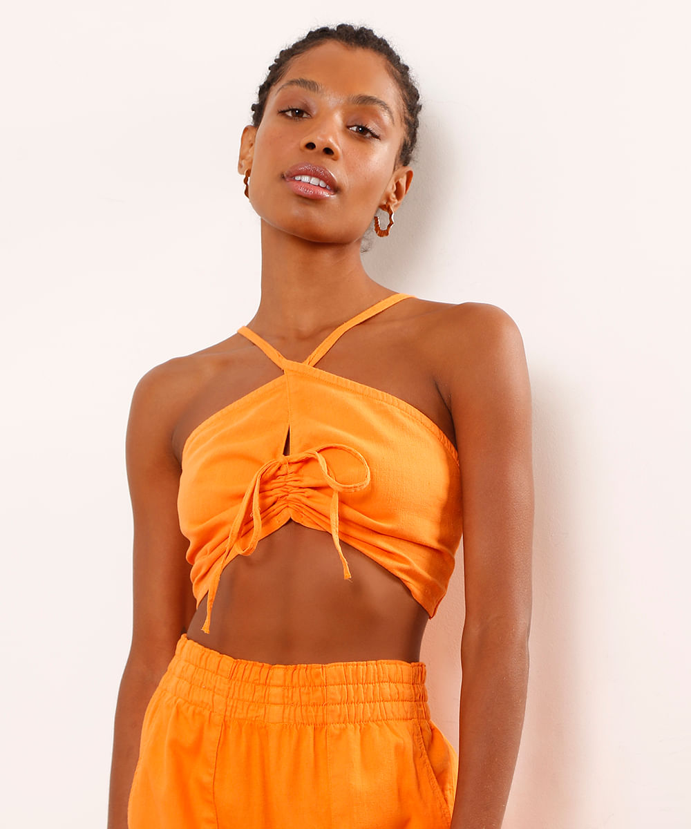 Top Cropped Halter Neck com Amarração Laranja