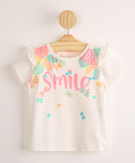 Blusa Infantil "Smile" com Glitter e Babado Off White