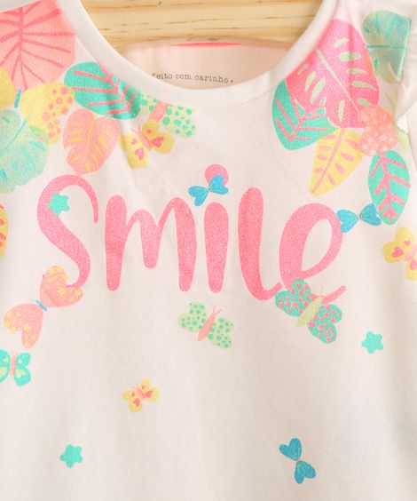 Blusa Infantil "Smile" com Glitter e Babado Off White