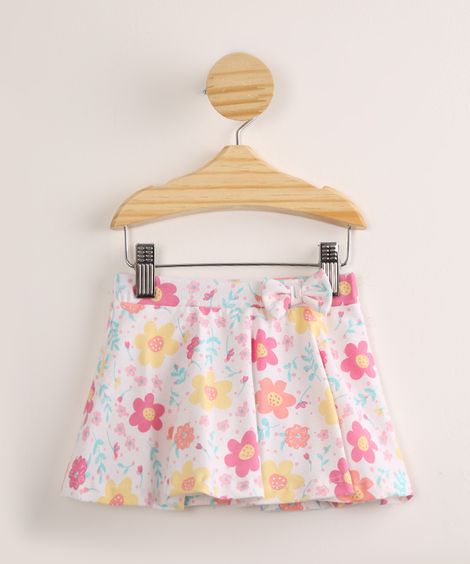 Saia Infantil Godê Estampada Floral com Glitter e Laço Off White