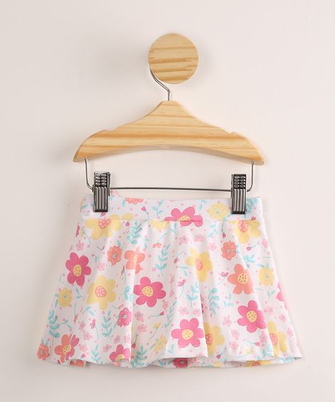 Saia Infantil Godê Estampada Floral com Glitter e Laço Off White