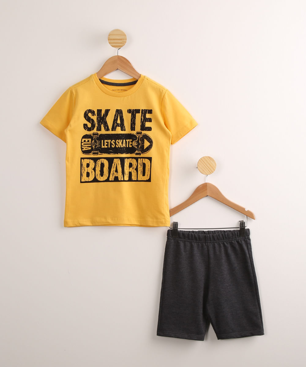 Conjunto Infantil de Camiseta Skate Manga Curta Amarela + Bermuda de Moletom Cinza Mescla é boa?