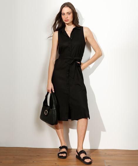 Vestido Chemise Midi com Linho e Faixa para Amarrar Sem Manga Preto