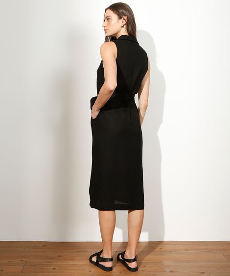 Vestido Chemise Midi com Linho e Faixa para Amarrar Sem Manga Preto