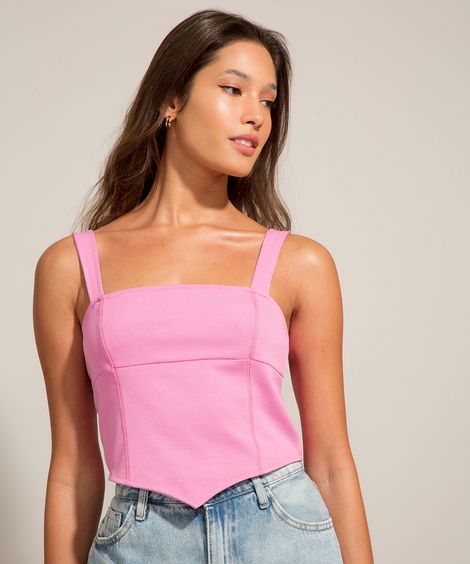 Regata Cropped Corset Alça Larga Decote Reto Rosa