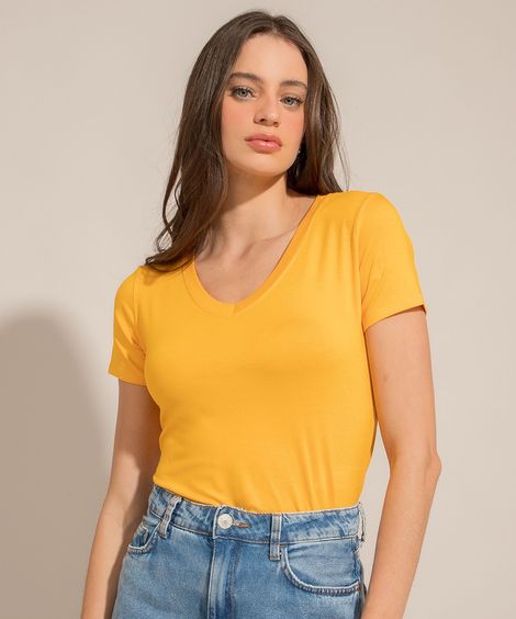 camiseta básica manga curta decote v amarelo sol