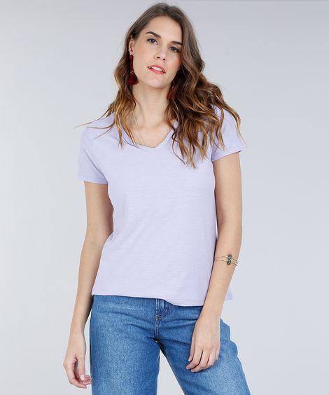 Camiseta Flamê de Algodão Básica Manga Curta Decote V  Lilás