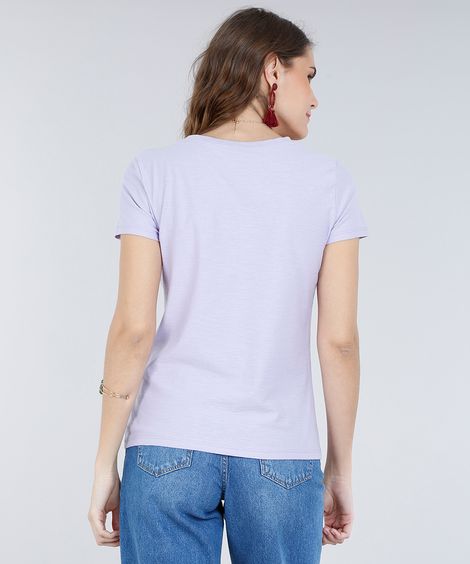 Camiseta Flamê de Algodão Básica Manga Curta Decote V  Lilás