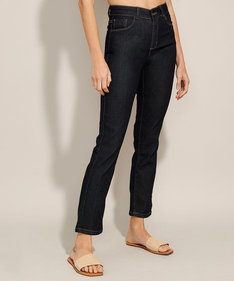 Calça Jeans Feminina Reta Cintura Média Azul Escuro
