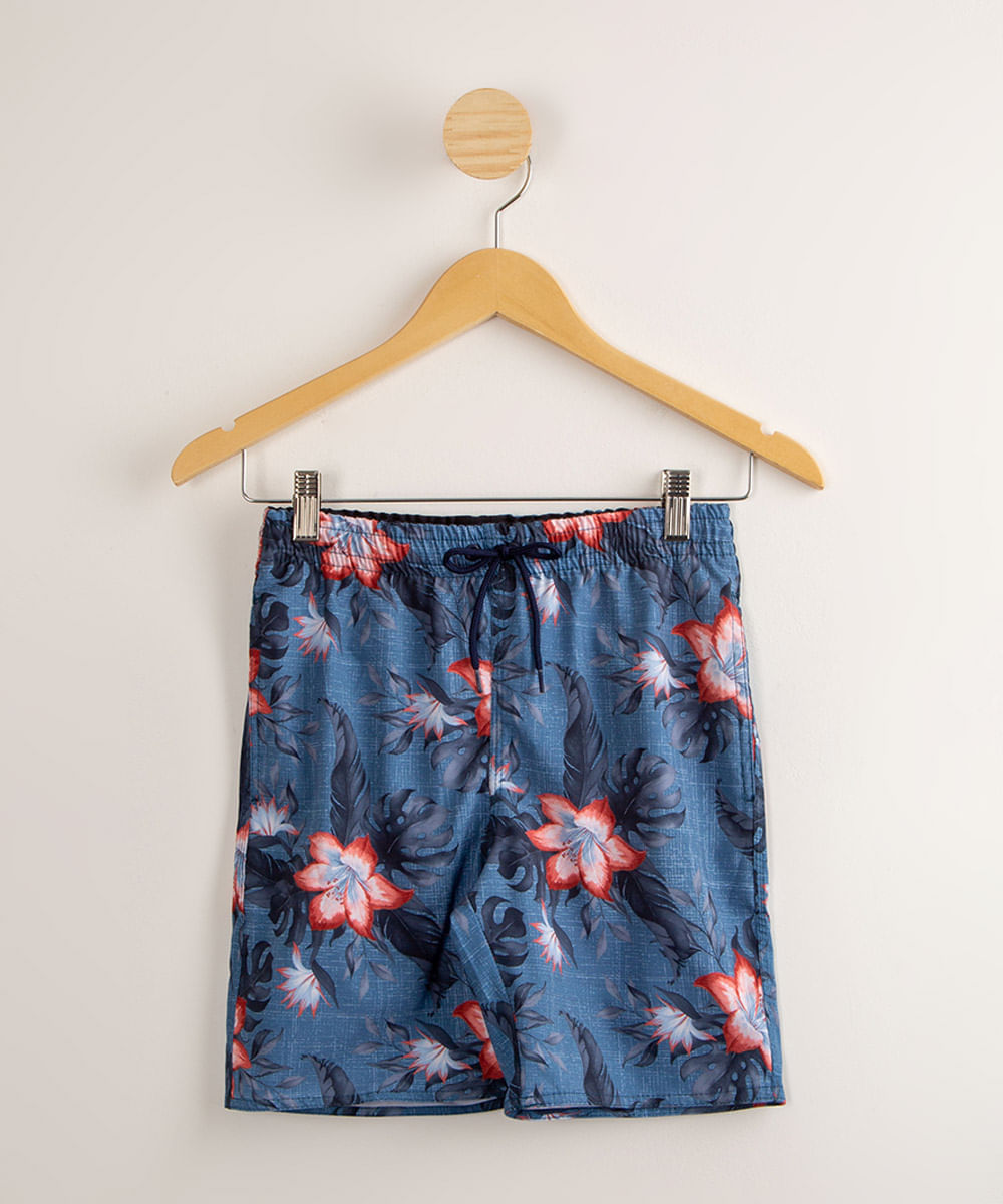 Bermuda Surf Juvenil Estampada Floral com Cordão e Bolsos Azul Menor preço em Bermuda Surf Juvenil Estampada Floral com Cordão e Bolsos Azul