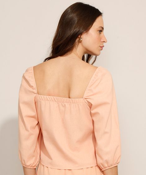 Blusa com Linho e Amarração Manga Bufante Decote Reto Rosa
