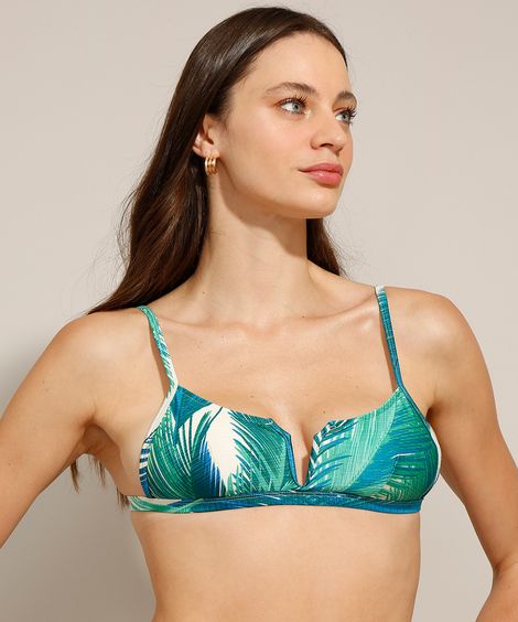 Biquini Top Meia Taça com Bojo Removível Estampado Folhagens Proteção UV50+ Verde