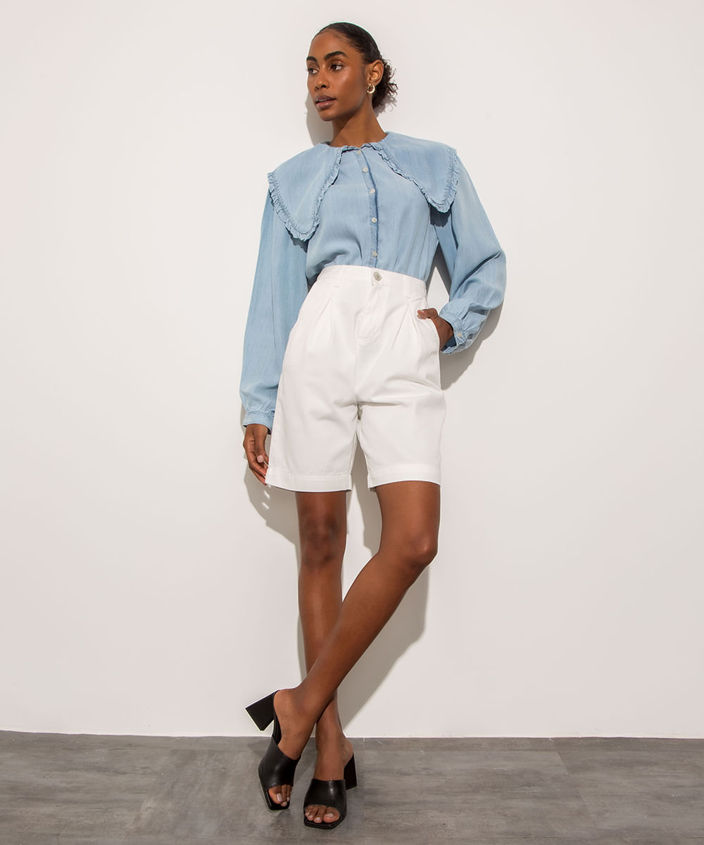 Bermuda de Sarja com Pregas Cintura Alta Mindset Off White Menor preço em Bermuda de Sarja com Pregas Cintura Alta Mindset Off White