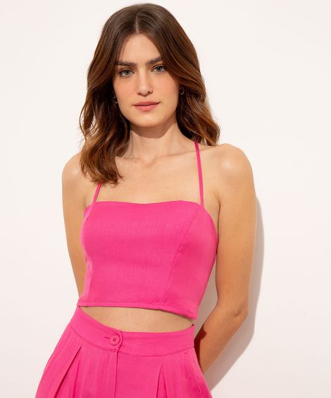 Top Cropped Frente Única com Amarração Alça Fina Decote Reto Mindset Pink
