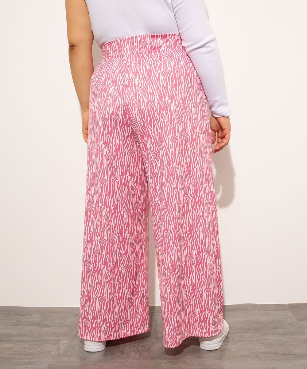 Calça Reta Plus Size Estampada Animal Print Zebra Cintura Super Alta Mindset Rosa
