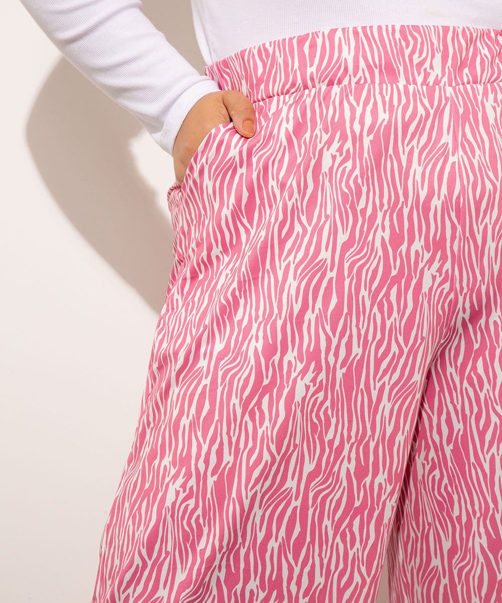 Calça Reta Plus Size Estampada Animal Print Zebra Cintura Super Alta Mindset Rosa