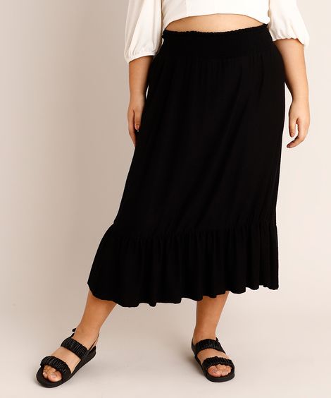 Saia Plus Size Midi com Lastex e Babado Preta