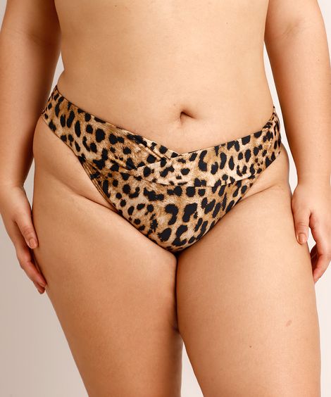 Biquíni Calcinha Plus Size Tanga Estampada Animal Print Onça com Franzido e Transpasse Proteção UV50+ Bege Claro