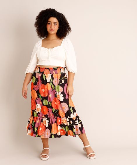 Saia Plus Size Midi Estampada Floral com Lastex e Babado Preta