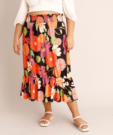 Saia Plus Size Midi Estampada Floral com Lastex e Babado Preta