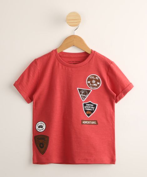 Camiseta Infantil de Algodão com Patches Manga Curta Vermelha