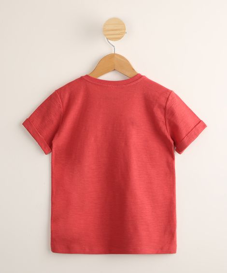 Camiseta Infantil de Algodão com Patches Manga Curta Vermelha