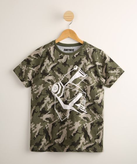 Camiseta Juvenil de Algodão Camuflada Fortnite Manga Curta Verde Militar