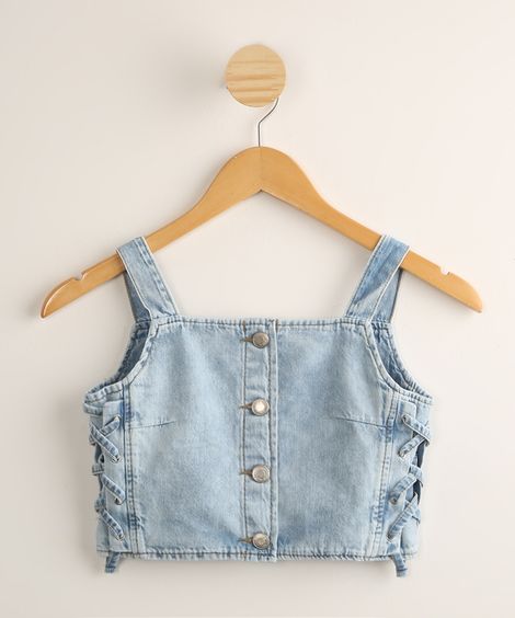 Regata Juvenil Cropped Jeans com Botões Alça Média Azul Claro