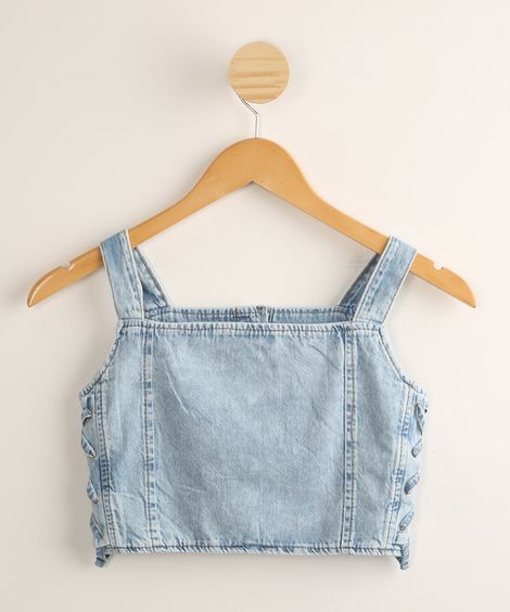 Regata Juvenil Cropped Jeans com Botões Alça Média Azul Claro