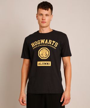 Camiseta de Algodão Harry Potter "Hogwarts" Manga Curta Gola Careca Preta