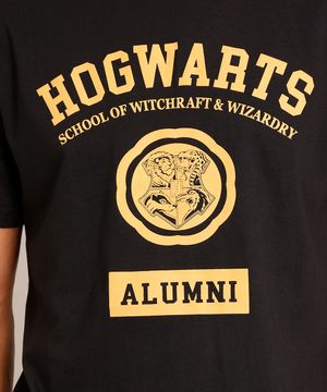 Camiseta de Algodão Harry Potter "Hogwarts" Manga Curta Gola Careca Preta