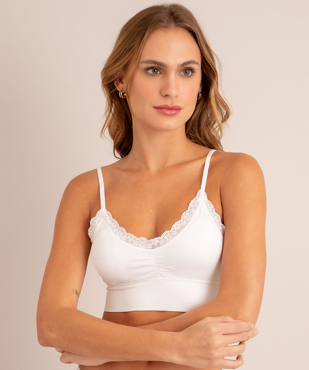 Sutiã Triangulo Cropped Sem Costura com Bojo Removível Branco Menor preço em Sutiã Triangulo Cropped Sem Costura com Bojo Removível Branco