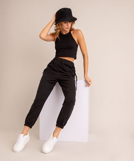 Calça Jogger de Moletom com Amarração no Bolso Cintura Alta Preta
