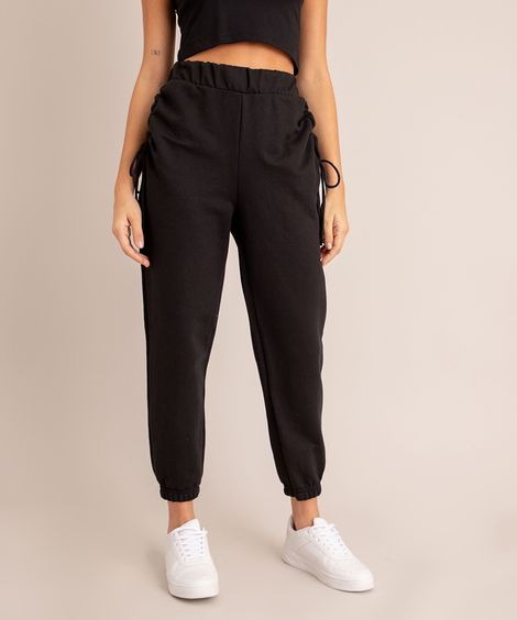 Calça Jogger de Moletom com Amarração no Bolso Cintura Alta Preta