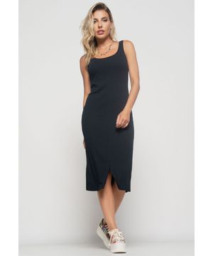 Vestido  Midi Fenda Canelado Preto