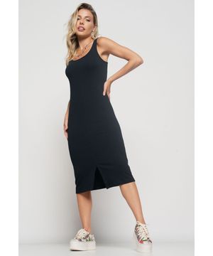 Vestido  Midi Fenda Canelado Preto