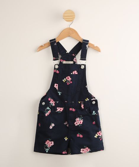 Jardineira de Sarja Infantil Estampada Floral com Bolsos Azul Marinho