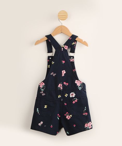 Jardineira de Sarja Infantil Estampada Floral com Bolsos Azul Marinho