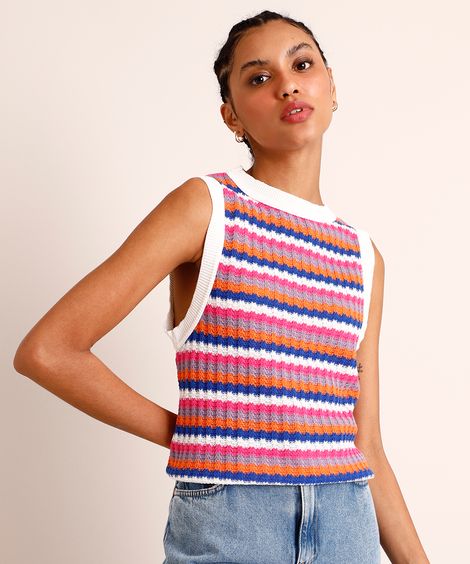 Colete Cropped de Tricô Texturizado Estampado Listrado  Decote Redondo  Multicor