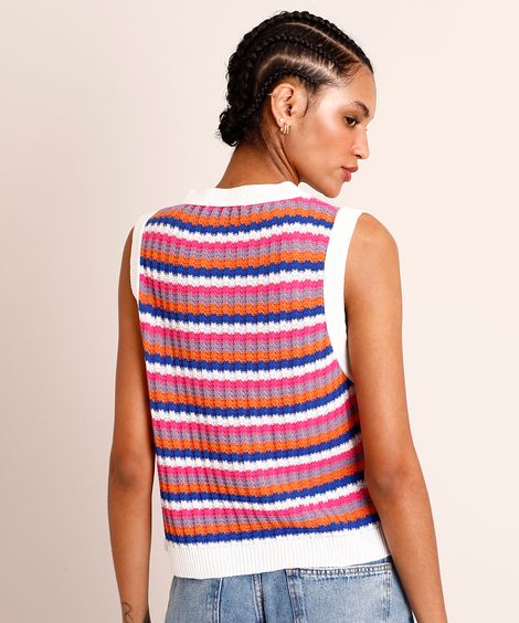 Colete Cropped de Tricô Texturizado Estampado Listrado  Decote Redondo  Multicor