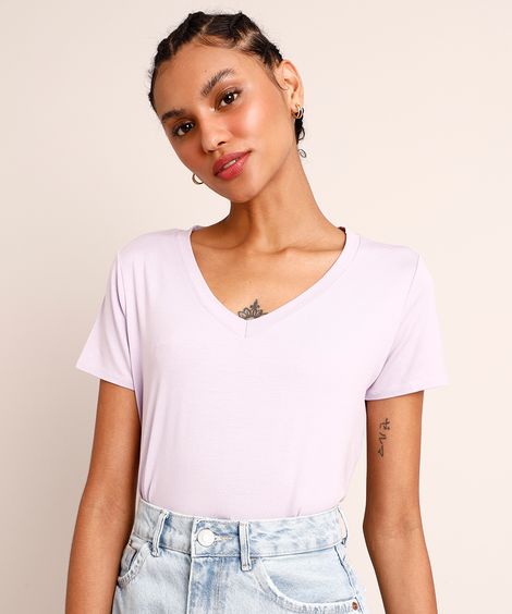 blusa básica decote v manga curta roxo claro