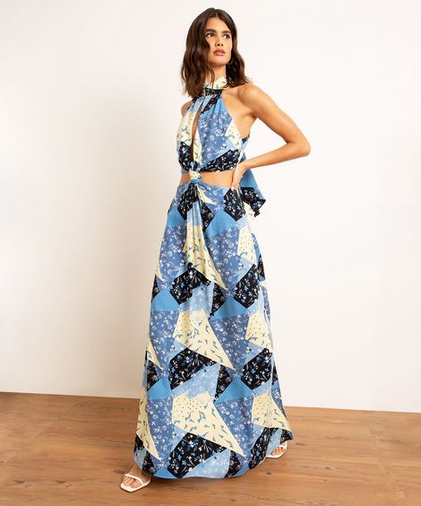 Vestido Longo Frente Única Cut Out Estampado Denim Patch com Fenda BFF Multicor