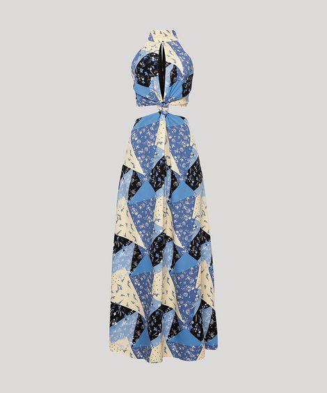 Vestido Longo Frente Única Cut Out Estampado Denim Patch com Fenda BFF Multicor