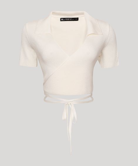 Polo Cropped de Tricô Transpassada com Amarração Manga Curta Decote V Off White