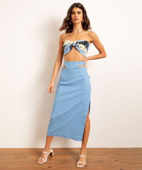 Saia Midi de Algodão Cut Out BFF Azul