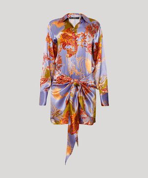Vestido Chemise Curto de Cetim Estampado Lilac Paisley Manga Longa Lilás