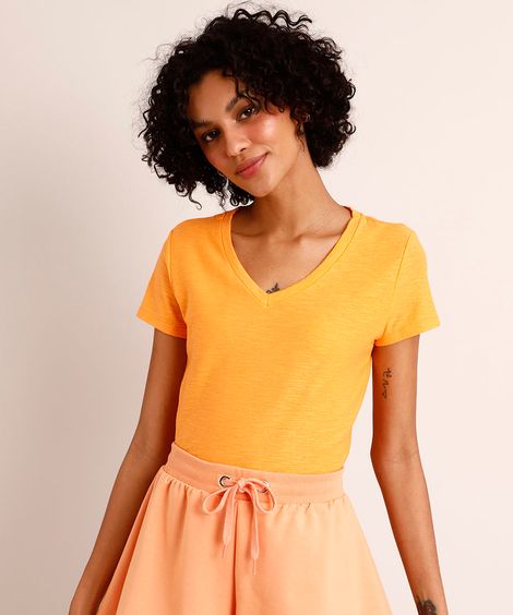 Camiseta Flamê de Algodão Básica Manga Curta Decote V  Laranja Neon